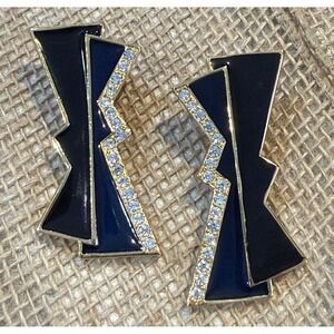Monet Vintage Geometric Lightning Bolt Earrings Navy Blue Enamel Rhinestone Gold